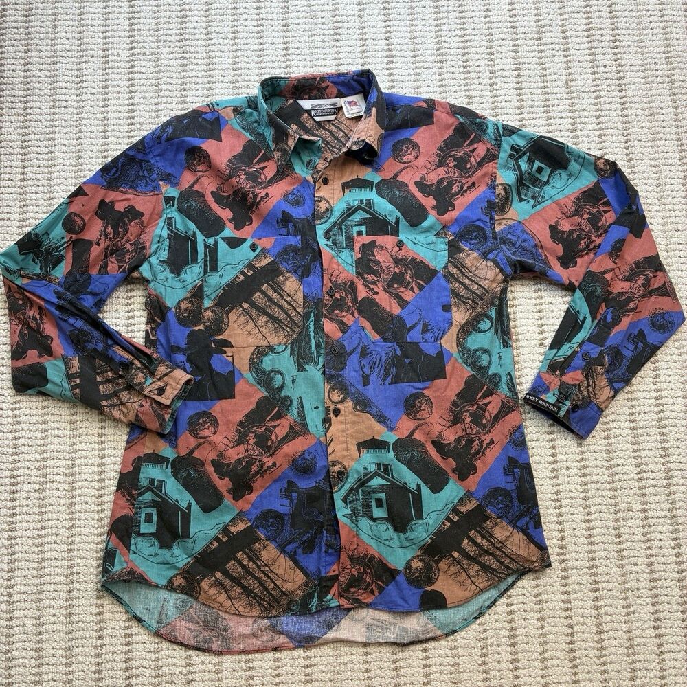 VTG Rocky Mountain Cowboy Button Down Shirt Pastel Western AOP Made USA Size M